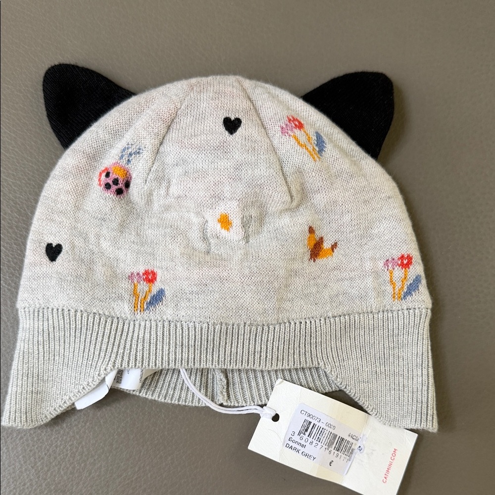 Catimini Cream Hat with Black Ears and Embroidery